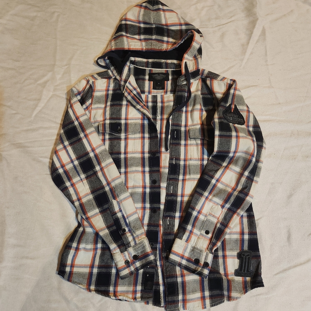 Harley Davidson Plaid Hooded Shirt Jacket Cotton Flannel Size L